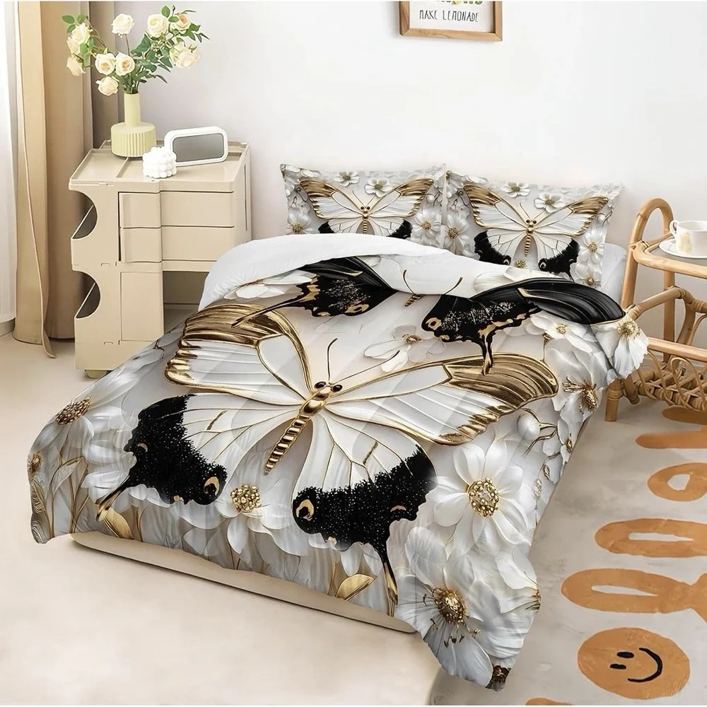 Black And White Butterfly Comforter Set Queen Size Gold Flower Butterfly Bedding